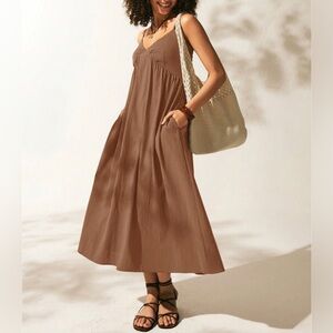 Cotton Spaghetti Strap Looses Dress With Pockets Brown